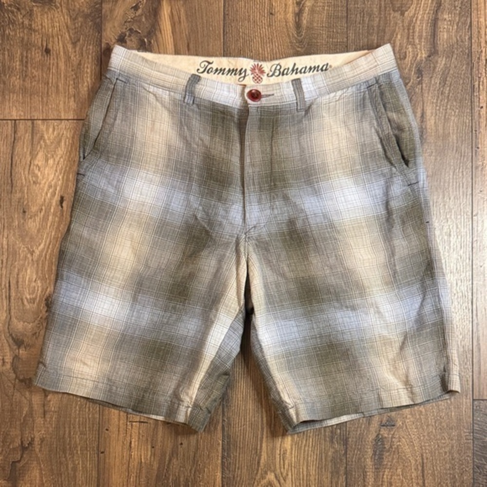 Tommy Bahama Men's Silk/Linen Plaid Shorts - Olive,Grey and Beige
